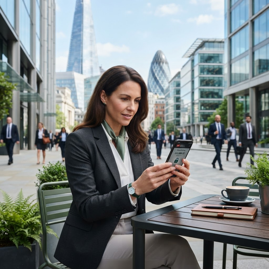 Modern financial district with a professional using a secure banking app
