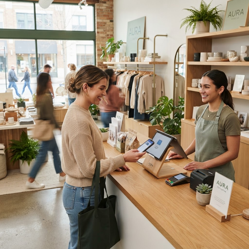 Modern retail store with a shopper and point-of-sale system