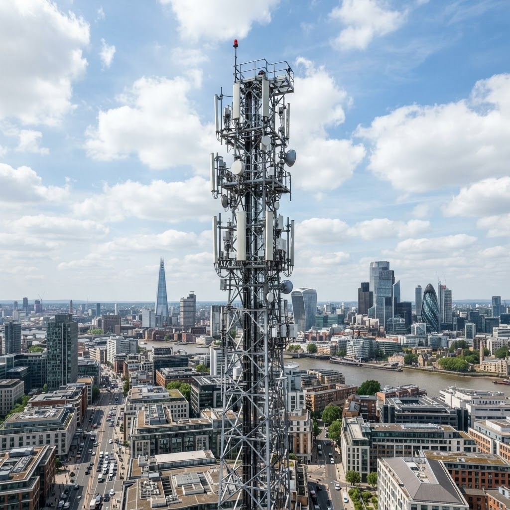 Telecommunications tower with antennas against a bright sky